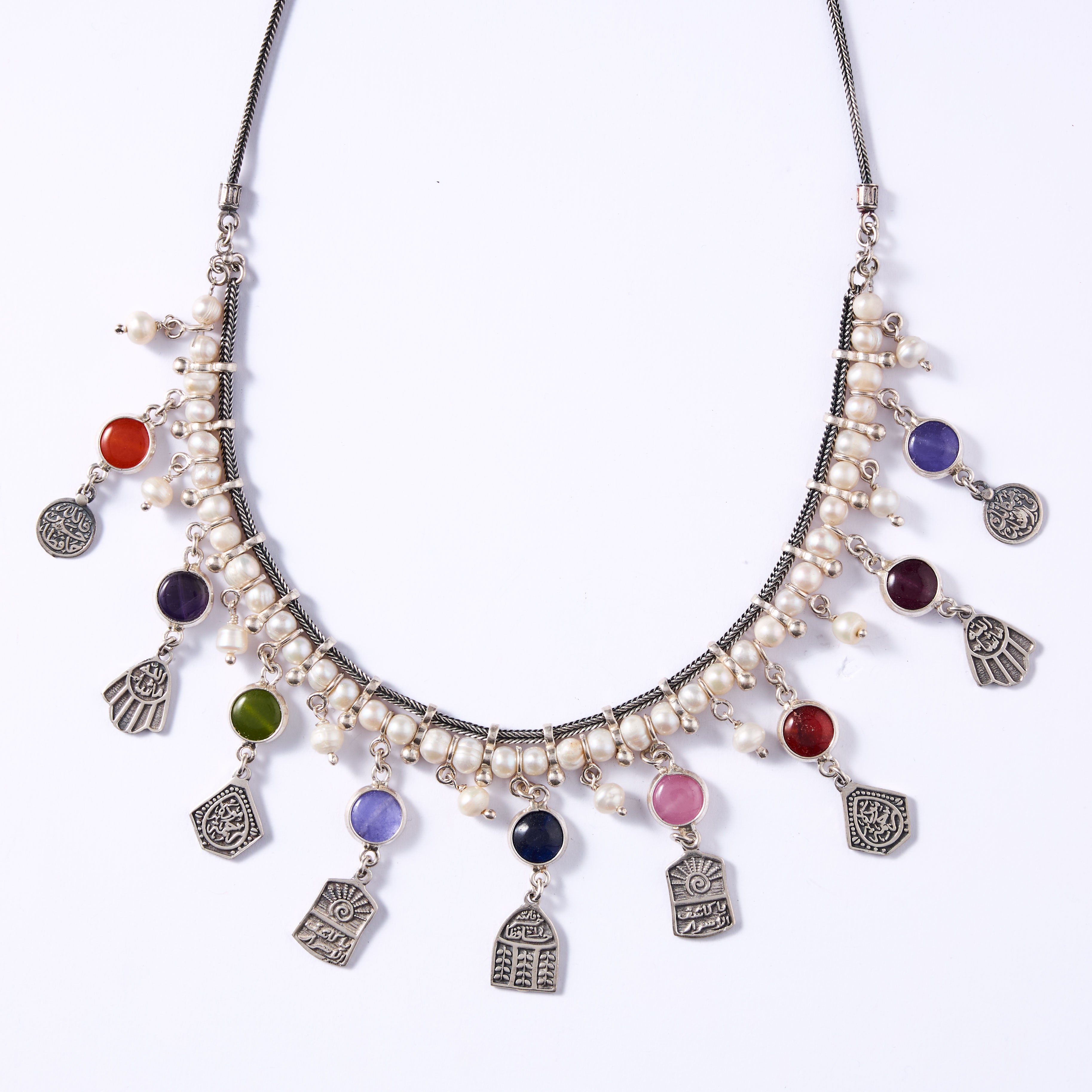 Color Gem and Pearl Charm Necklace